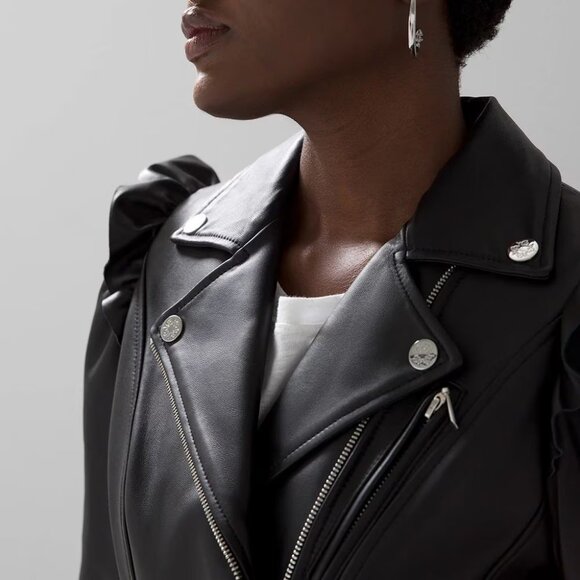 WHBM $500 Genuine Leather Motorcycle Moto Jacket Ruffled Shoulders M - Picture 7 of 12